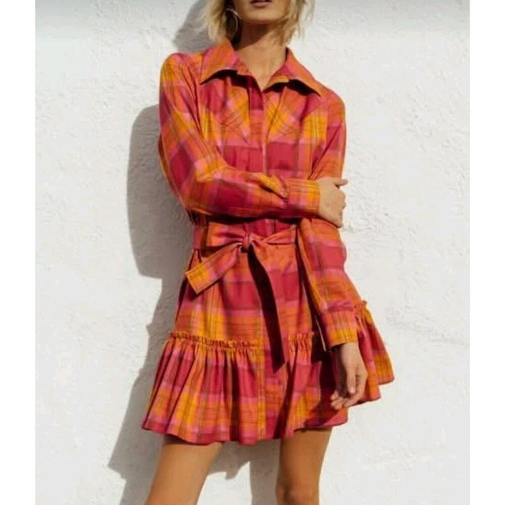 March 11 Western Mini Dress In Plaid Orange Pink Sz S Ruffle (V5